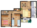 Apartamento pequeno -  Planta decorada e perspctiva com mobili&aacute;rio