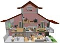 Vista em corte 3D e perspectiva de arquitetura de casa geminada com 2 suites