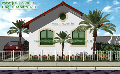 Maquete eletrônica da casa popular, com fachada na cor branca e esquadrias verdes, cercada por jardins e tendo um carro na garagem descoberta