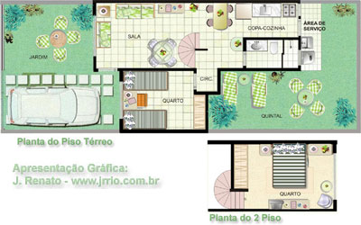 Planta Humanizada Computadorizada - Casa popular de 2 quartos para terreno estreito