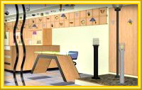 Mesa de atendimento e caixa, balcões e paineis da loja de luminárias