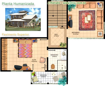 Planta humanizida - Pavimento superior de uma casa sobrado - Modelagem 3D em Autocad e renderização em 3d Studio r4