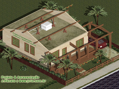 Maquete eletrônica - estrutura do telhado e vista da casa