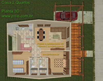 Planta 3D - Interior da casa de 2 quartos