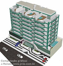 Maquete eletrônica do edifício em vista aéra - Fachadas frontais e coberturas