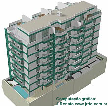 Edifício - vista aérea da maquete digital - fachada lateral, fundos e coberturas