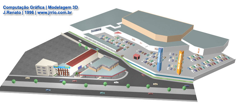 Situação esquemática do shopping center popular e vista total da maquete eletrônica