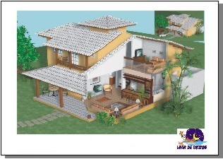 Vista em corte 3d do interior da casa