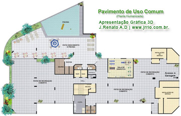 Planta humanizada do PUC - Pavimento de uso comum com áreas de lazer e recreação incluindo piscina, sauna e sala de ginástica