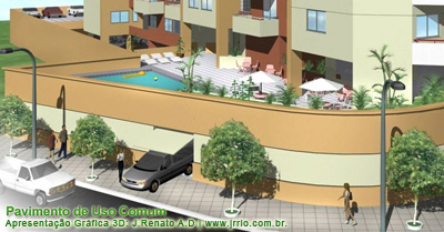 Pavimento de uso comum com piscina e áreas de lazer visto em perspectiva