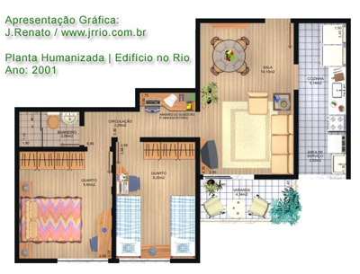 Planta baixa de pequeno apartamento de 2 quartos com móveis