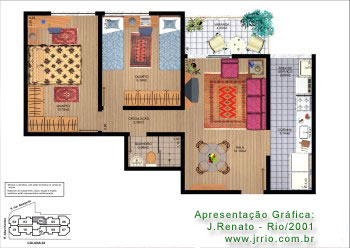 Planta baixa humanizada de pequeno apartamento mobiliado