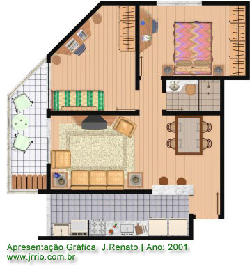 Planta baixa humanizada da apartamento com cozinha americana e bar, e sua disposição de móveis