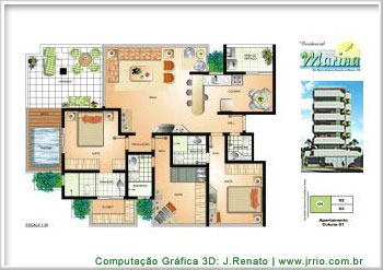 Planta Humanizada - Apartamento de Frente com varanda, deck e piscina