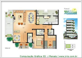 Planta humanizada em Corel Draw - Cobertura - Piso 1