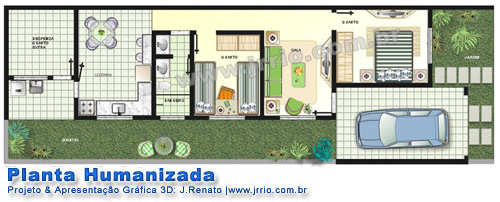 Planta humanizada da casa de 2 quartos em terreno estreito