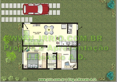 Planta da casa popular de 2 quartos, 1 banheiro e cozinha americana