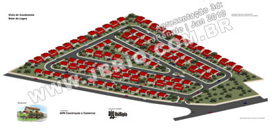 Vista aéra do condomínio de casas de 2 quartos obtida da maquete eletrônica