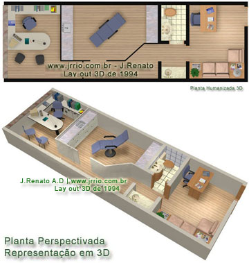 Planta humanizada e planta perspectivada 3D mostra design interior do Consultorio