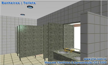 maquete eletr&ocirc;nica de um banheiro onde s&atilde;o vistos materiais de acabamento