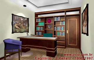 Escritório e consultório com mesa e estante | Maquete eletrônica do mobiliário e interior