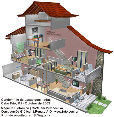 Corte perspectivado da arquitetura ou vista de uma casa geminada sem as paredes de um dos lados