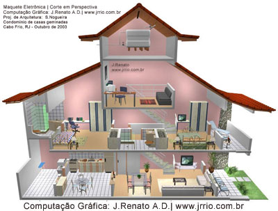 Corte arquitetônico perspectivado 3d de uma casa geminada ou vista em perspectiva sem a parede divisória