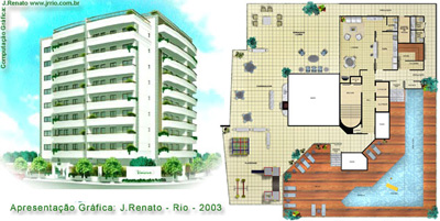 Perspectiva do edifcio e planta da rea de lazer | PUC