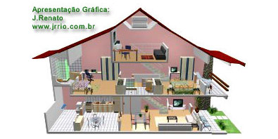 Corte perspectivado de casa geminada mostra o interior