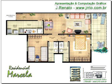 Planta baixa de empreendimento imobiliário feita em computação gráfica | Maquete eletrônica do apartamento tipo