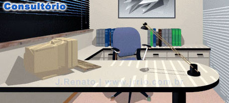 Consultório com mesa semi-circular em "L", armários e aparadores em "L" atrás da mesa