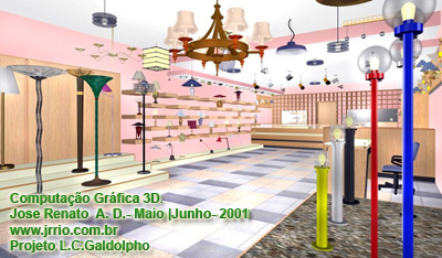 Loja luminarias vista do lado esquerdo onde aparece a bancada de luminárias de coluna e de mesa e prateleiras para lustres