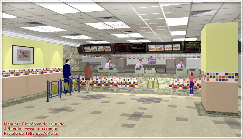 Interiores de lanchonete MacDonald´s visto com realismo e riqueza de detalhes através de maquete eletrônica