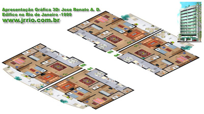 Planta humanizada do pavimento tipo mostrando quatro apartamentos de 2 quartos com suíte