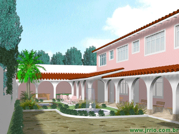 Imagem mostrando a construção antiga e perspectiva da reforma - estacionamento, jardin, chafariz e edificações