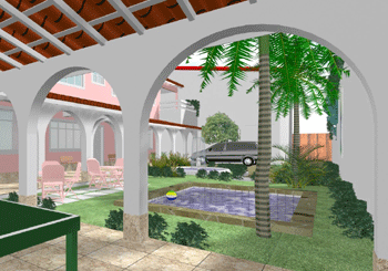 Imagen alternada da edificação em ruinas e perspectiva do pátio e edificações vistos da sala de lazer e jogos.