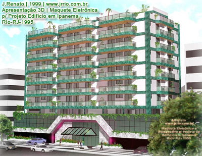 Maquete digital - Edifício de apartamentos em granito verde, vidros ray-ban e paredes brancas - Rio - 1995