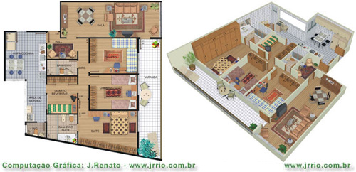 Maquete eletrônica de outra unidade do prédio de apartamentos, vista em planta baixa e em vista inclinada 3D