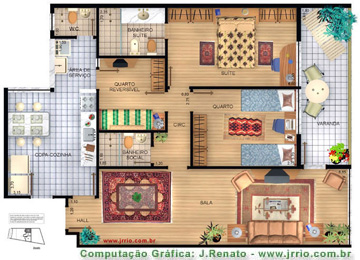 Planta baixa humanizada de apartamento mobiliado