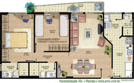 Planta humanizada mostra o lay out 3D do apartamento visto de cima