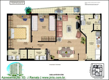 Planta humanizada em estilo fotorealístico de uma apto de 2 quartos, sendo 1 deles suíte