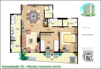 Maquete eletrônica de apartamento mobiliado: planta humanizada