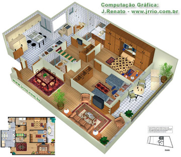 Planta perspectivada 3D de um apartamento mobiliado