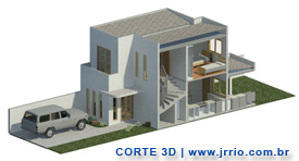 Corte 3d | Escada, cozinha, area serviço e 2ª suíte