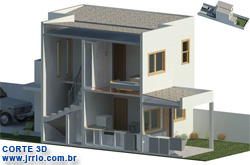 Corte 3d | Escada, cozinha e área de serviço