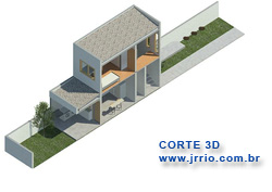 Corte 3d passando pela cozinha e área de serviço do sobrado