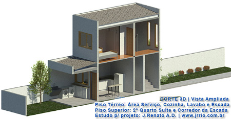 Corte 3d passando pela área de serviço, cozinha, lavabo, suíte e corredor da escada