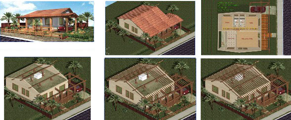 Maquete eletrônica da casa, perspectiva e telhado